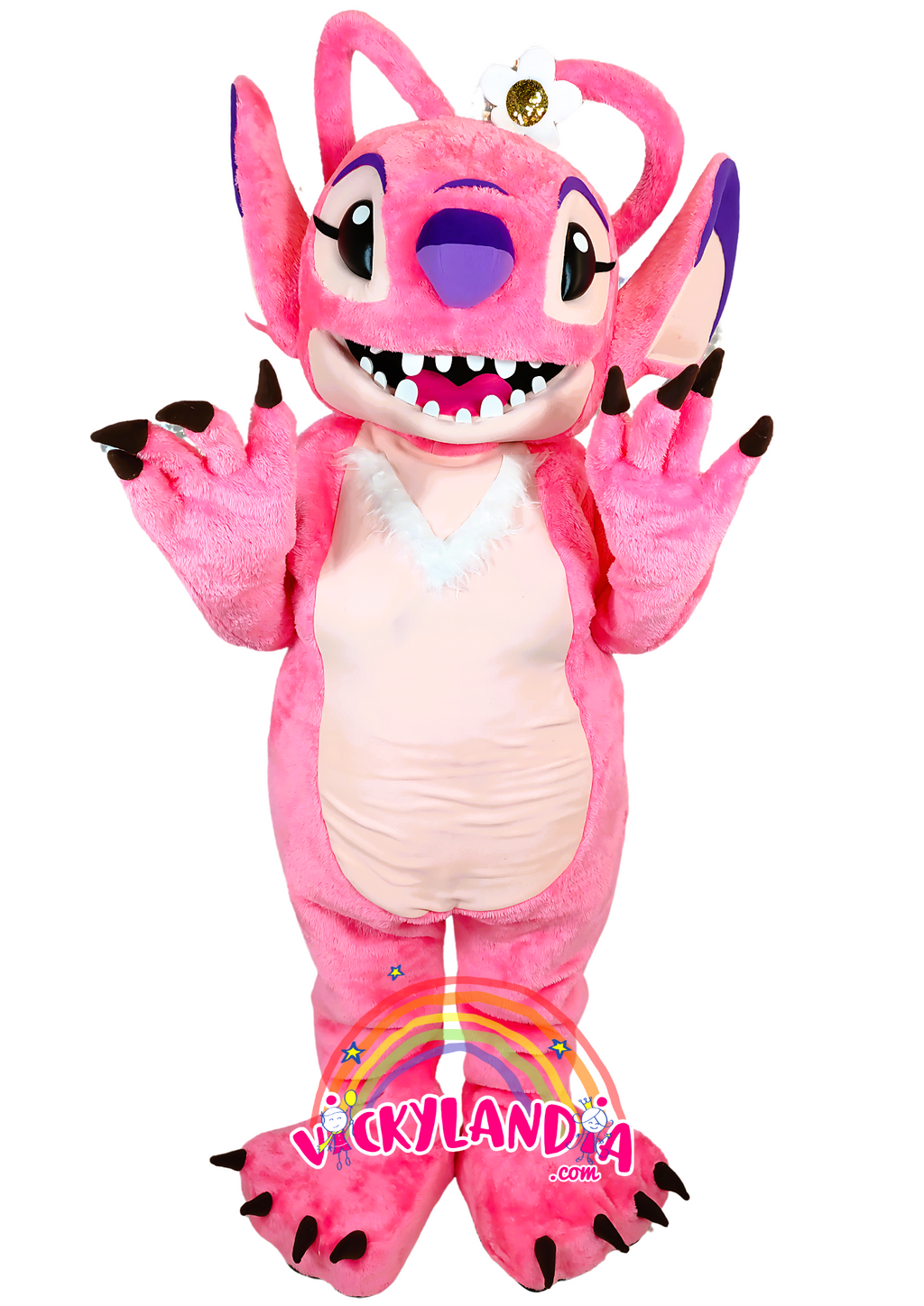 Disfraz de Extraterrestre Peluda Rosa angel, ideal como muñeco cabezudo y mascota publicitaria. ¡Perfecto para eventos, ferias y promociones! Disponible en Vickylandia.