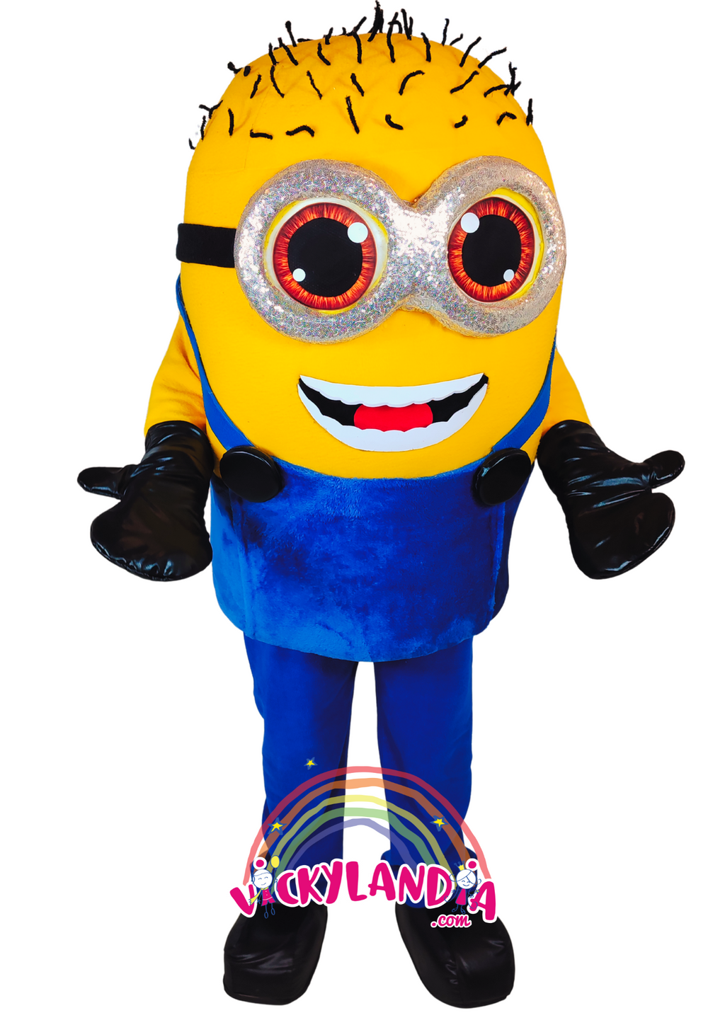 Personaje amarillo con gafas grandes y expresión alegre. Ideal como muñeco cabezudo y mascota publicitaria para eventos infantiles y promociones.