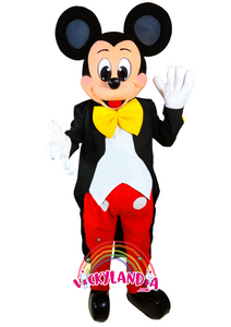 Disfraz de Ratón Mago con chaqueta negra y pantalón rojo, ideal como muñeco cabezudo y mascota publicitaria. ¡Perfecto para eventos mágicos y promociones!
