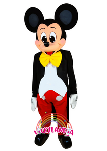 Disfraz de Ratón Mago con chaqueta negra y pantalón rojo, ideal como muñeco cabezudo y mascota publicitaria. ¡Perfecto para eventos mágicos y promociones!
