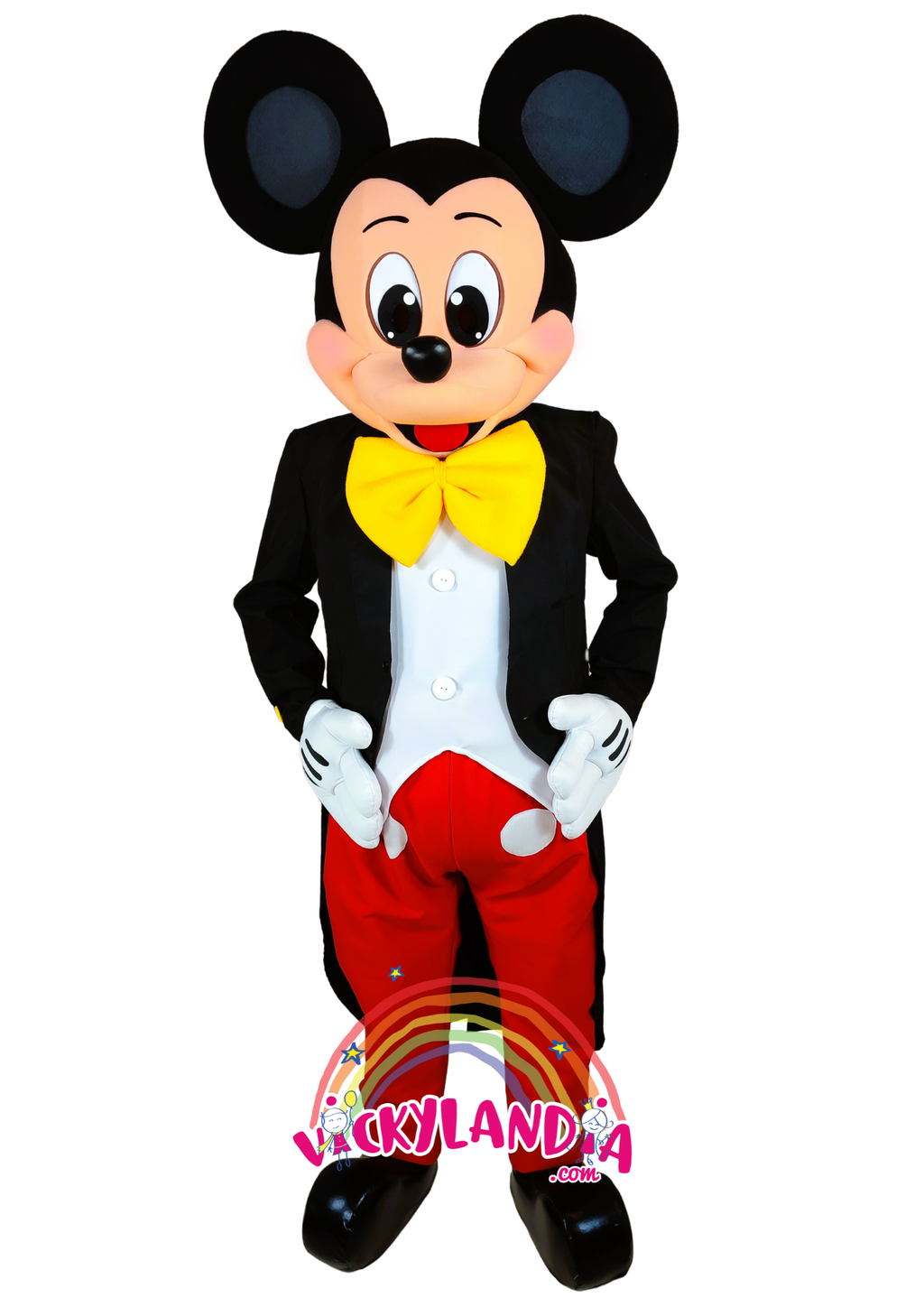 Disfraz de Ratón Mago con chaqueta negra y pantalón rojo, ideal como muñeco cabezudo y mascota publicitaria. ¡Perfecto para eventos mágicos y promociones!