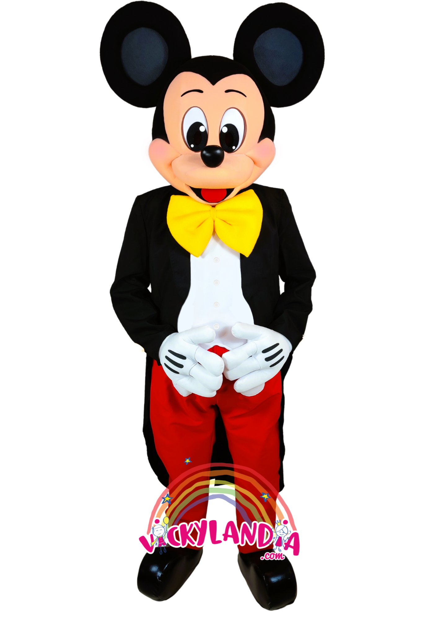 Disfraz de Ratón Mago con chaqueta negra y pantalón rojo, ideal como muñeco cabezudo y mascota publicitaria. ¡Perfecto para eventos mágicos y promociones!