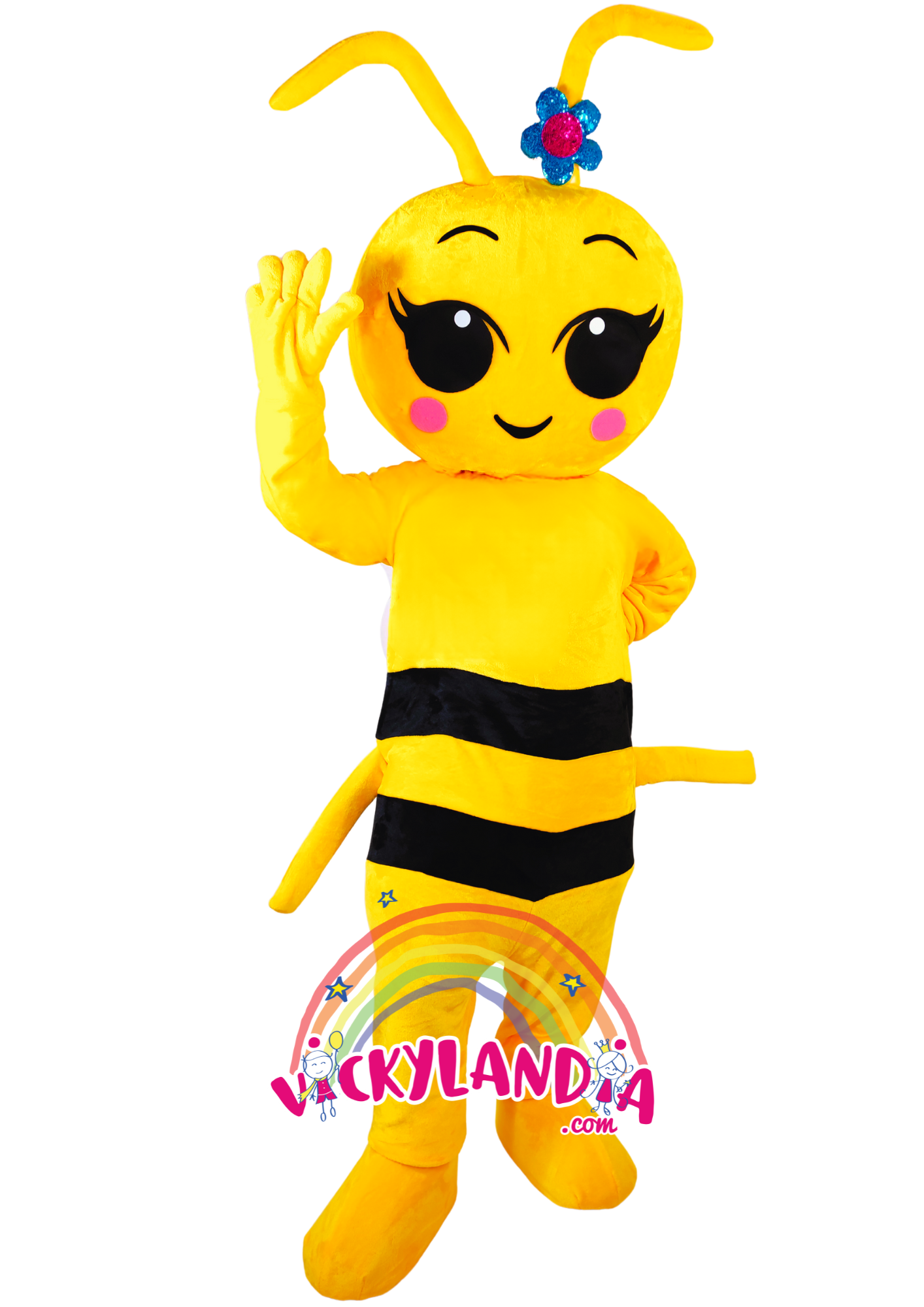 Peque Abeja es pura dulzura con alas. Con su traje brillante y carita encantadora, es ideal para animaciones infantiles, eventos temáticos y promociones que buscan ternura, color y conexión con el público.