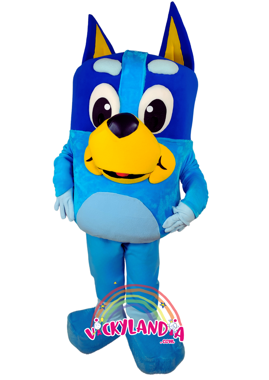 Disfraz de Cachorra Azul con diseño expresivo y alegre. Ideal como muñeco cabezudo y mascota publicitaria. ¡Perfecto para eventos infantiles y promociones!