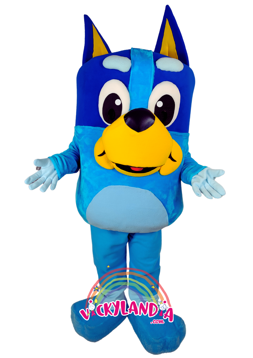 Disfraz de Cachorra Azul con diseño expresivo y alegre. Ideal como muñeco cabezudo y mascota publicitaria. ¡Perfecto para eventos infantiles y promociones!
