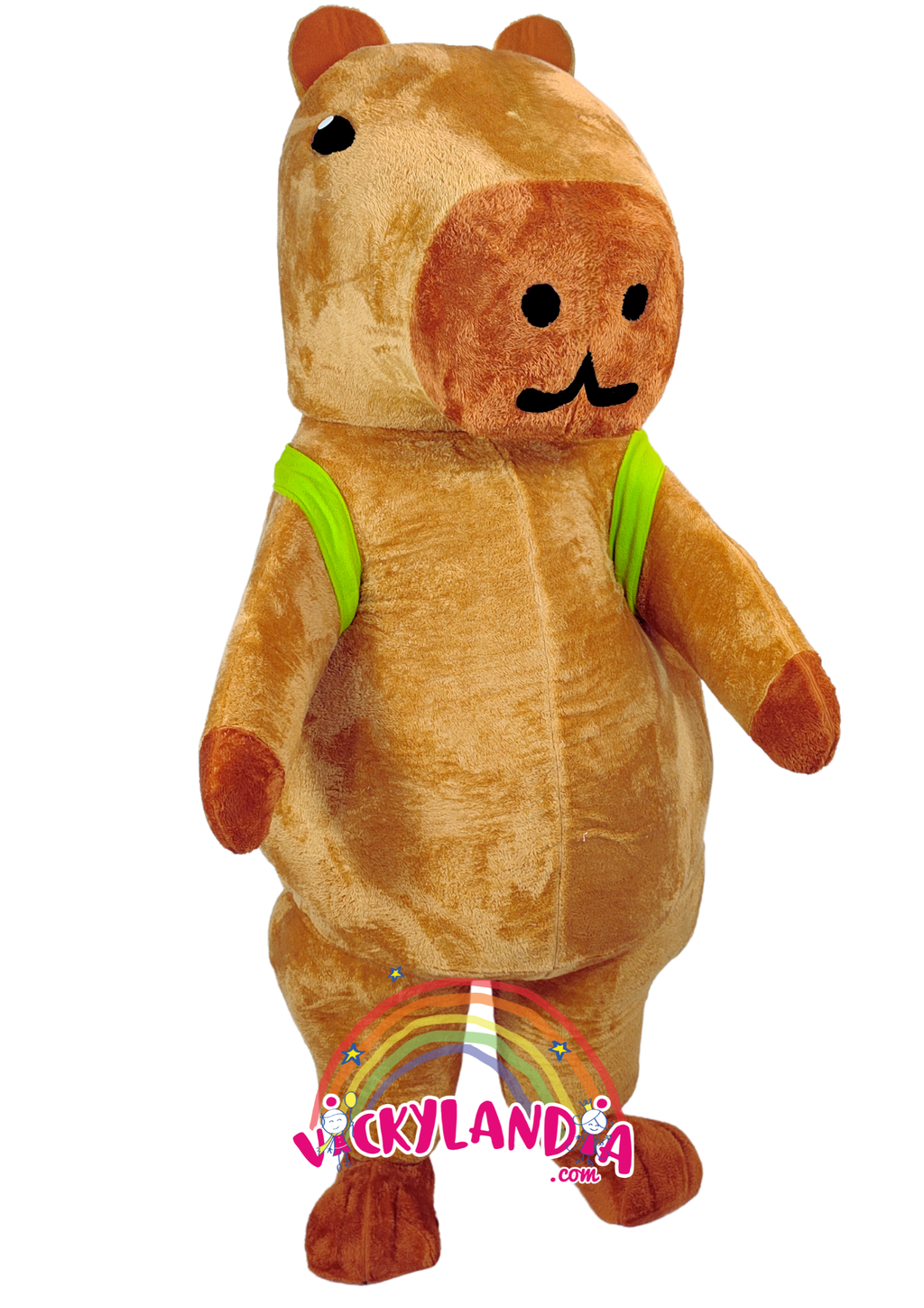 Disfraz de capibara, ideal como muñeco cabezudo y mascota publicitaria. ¡Perfecto para eventos, ferias y promociones! Disponible en Vickylandia.