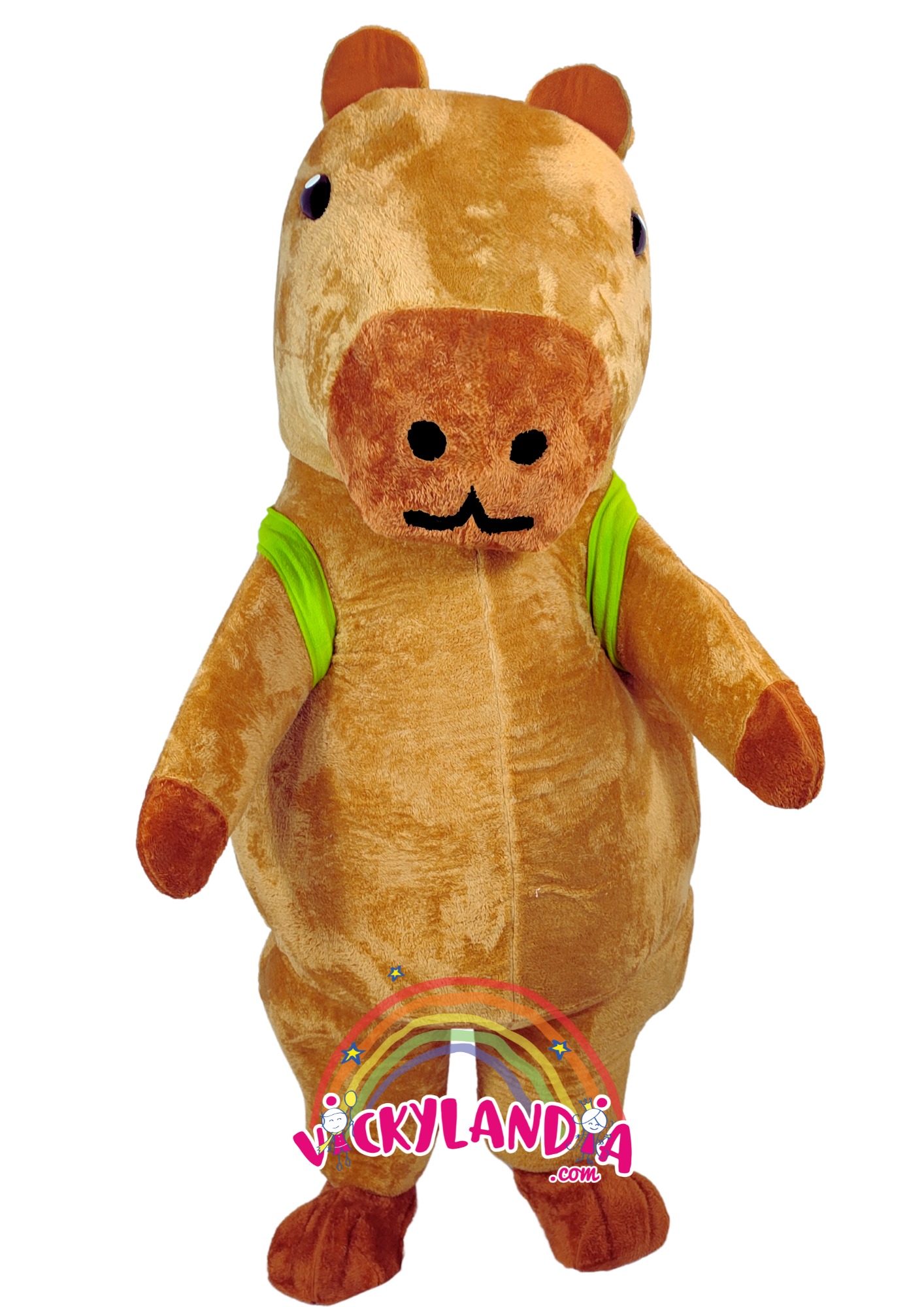 Disfraz de capibara, ideal como muñeco cabezudo y mascota publicitaria. ¡Perfecto para eventos, ferias y promociones! Disponible en Vickylandia.