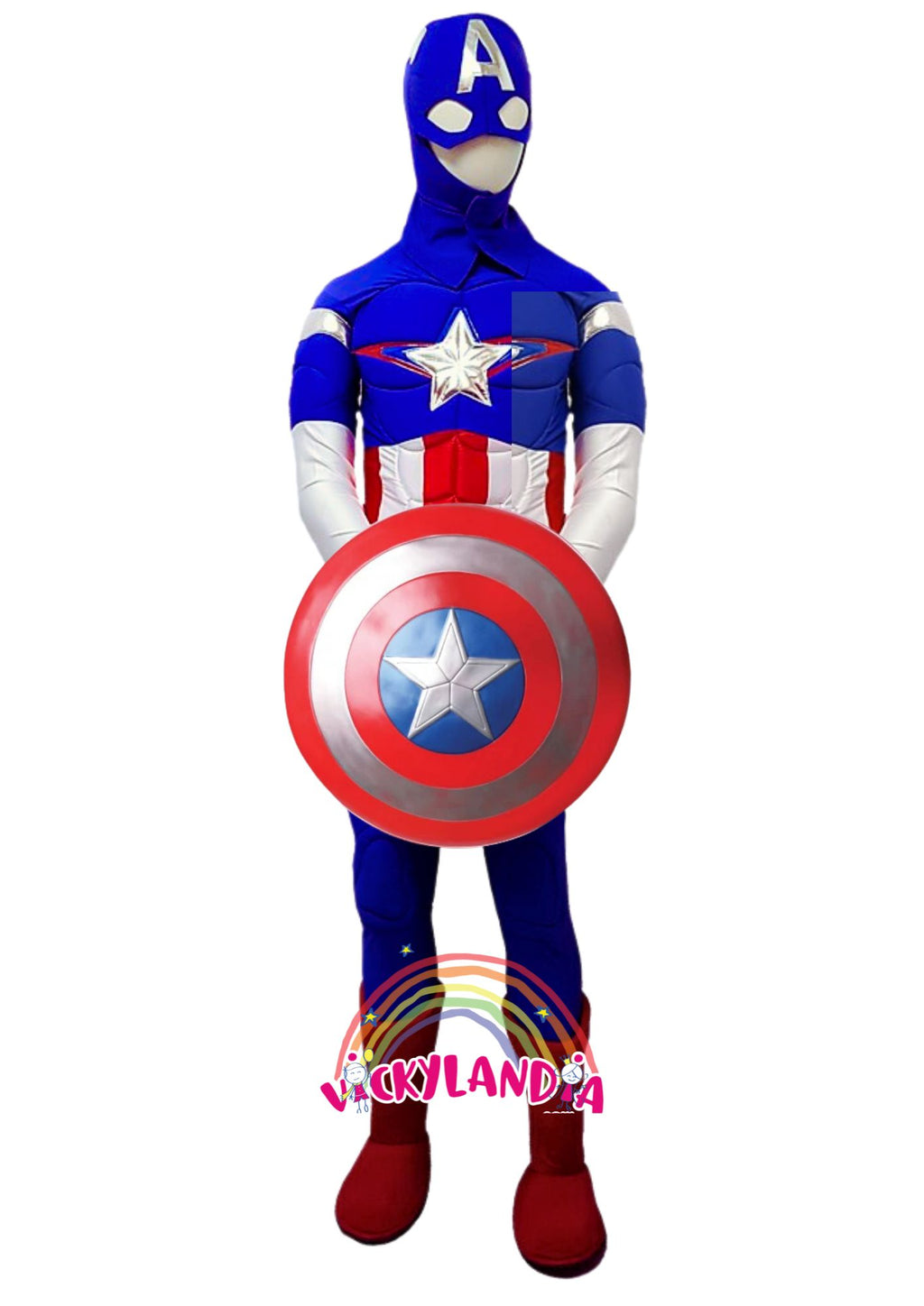 Descubre la magia de nuestro personaje promocional de Capitán del Escudo Cosplay en Vickylandia. Estos trajes son ideales para animar fiestas infantiles, shows, cumpleaños, campañas publicitarias fiestas patronales, espectáculos, desfiles y todo tipo de eventos. ¡Dale un toque especial a tu ocasión con nuestros emocionantes disfraces!