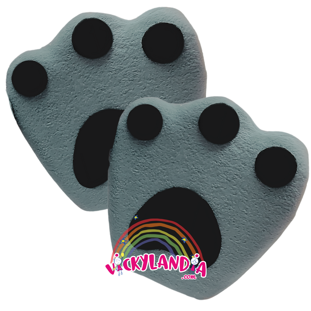 Guantes de goma espuma gris con diseño de patas caninas, perfectos para disfraces de mascotas publicitarias y espectáculos