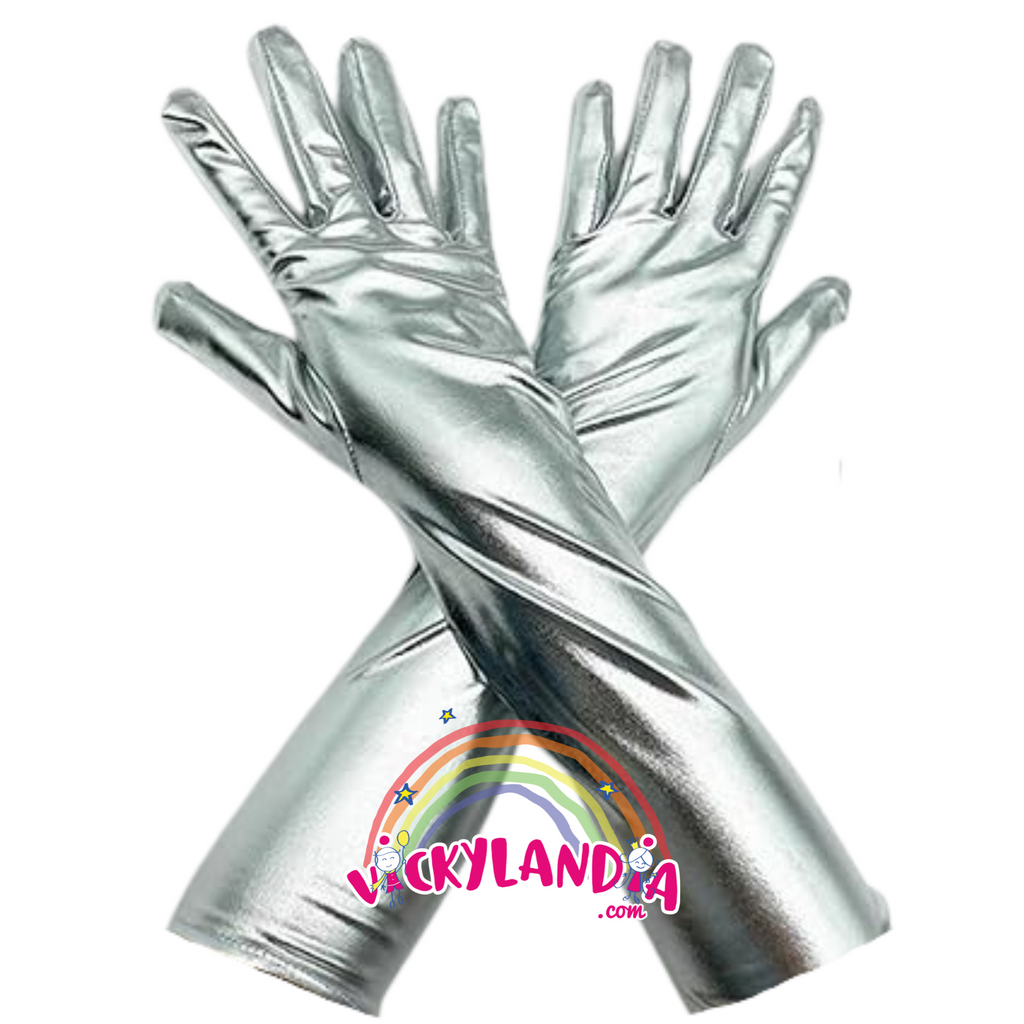 Guantes largos metalizados plata, el accesorio brillante ideal para disfraces y caracterización