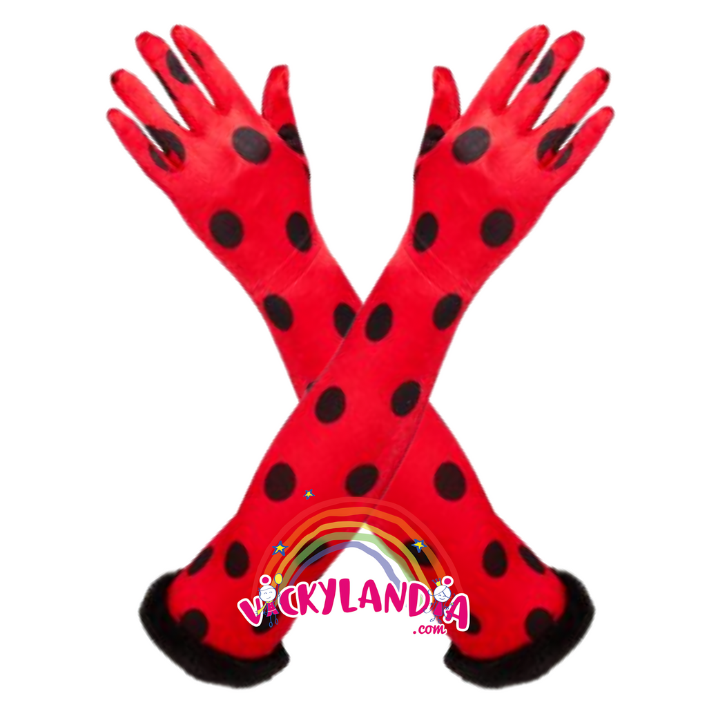 Guantes rojos con bolas negras estilo Ladybug, el detalle perfecto para disfraces y caracterización