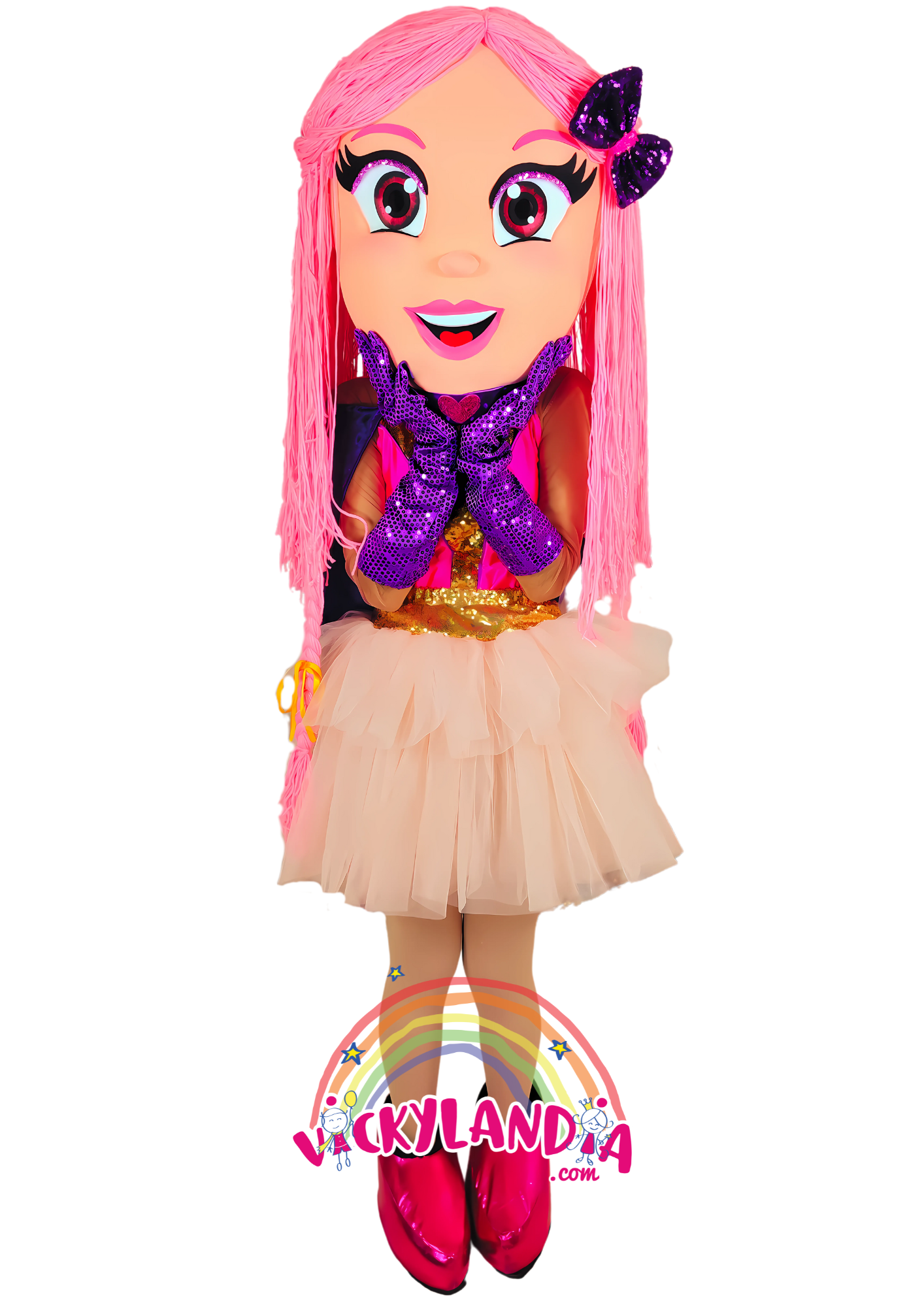 👗💖 Disfraz de Muñeca Lupin con expresión amigable y colores vibrantes. Ideal como muñeco cabezudo y mascota publicitaria. ¡Los niños la adoran!"