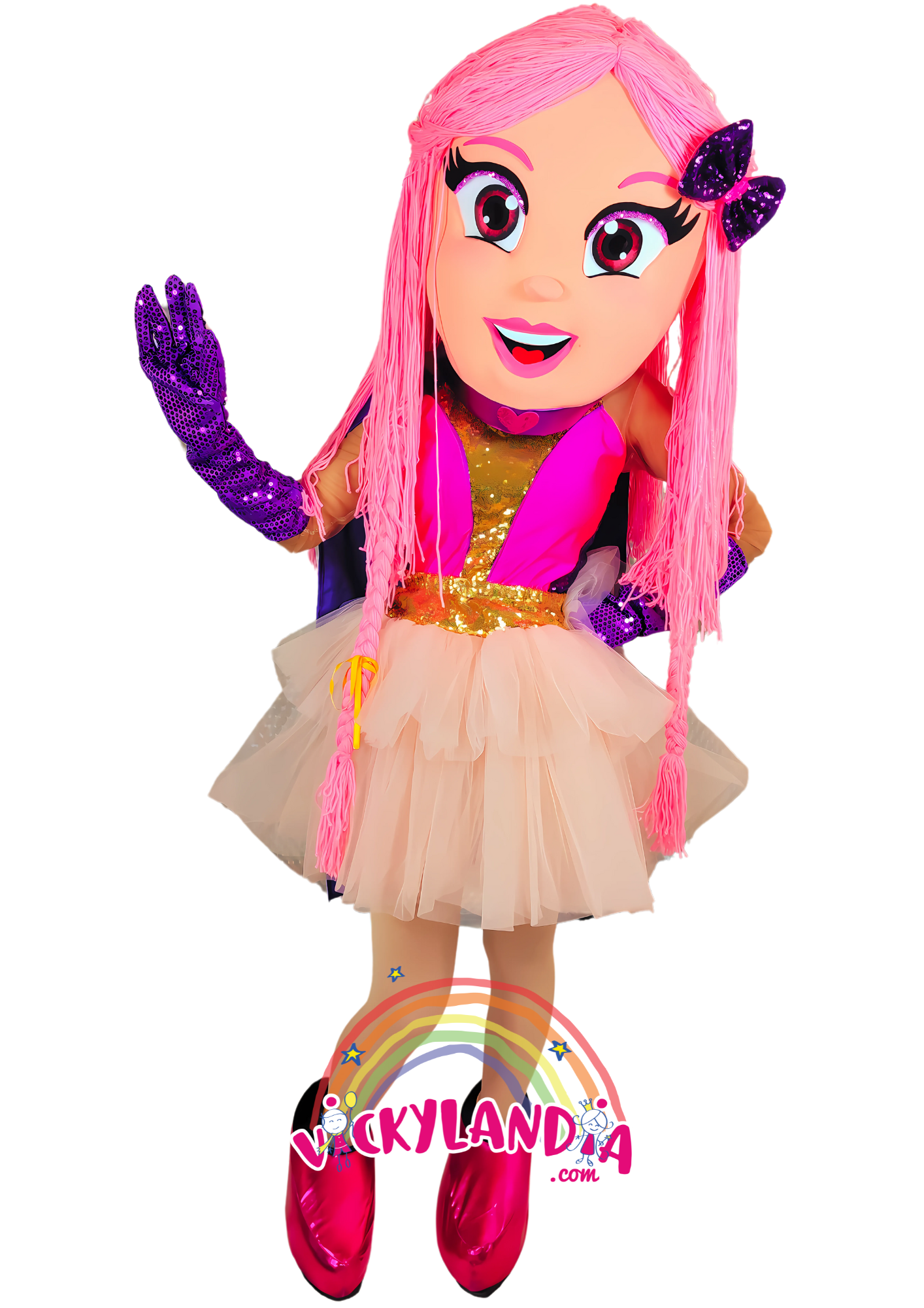 👗💖 Disfraz de Muñeca Lupin con expresión amigable y colores vibrantes. Ideal como muñeco cabezudo y mascota publicitaria. ¡Los niños la adoran!"