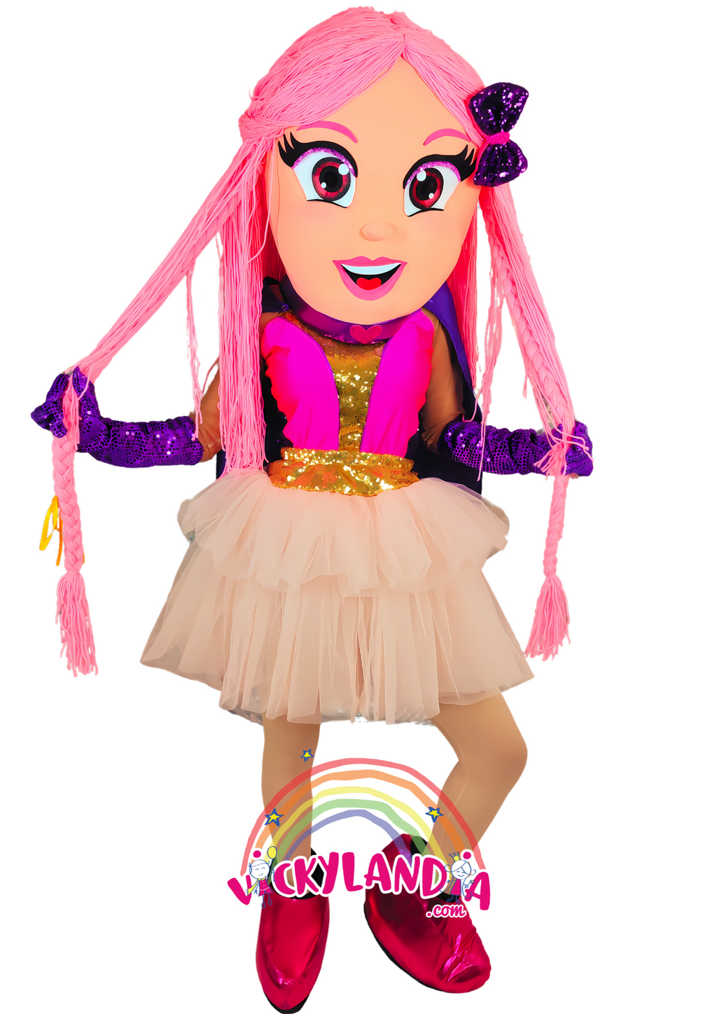 👗💖 Disfraz de Muñeca Lupin con expresión amigable y colores vibrantes. Ideal como muñeco cabezudo y mascota publicitaria. ¡Los niños la adoran!"