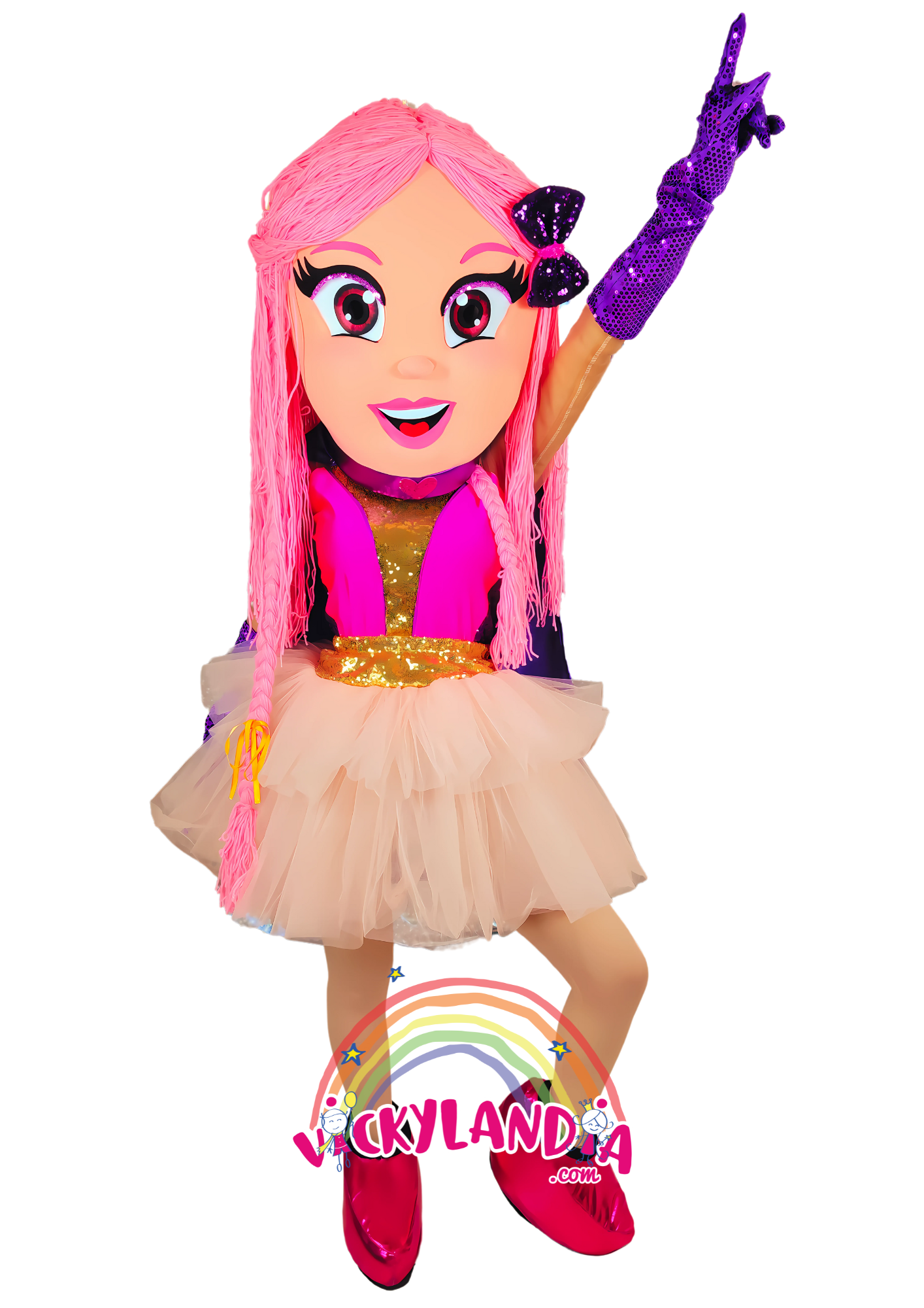 👗💖 Disfraz de Muñeca Lupin con expresión amigable y colores vibrantes. Ideal como muñeco cabezudo y mascota publicitaria. ¡Los niños la adoran!"