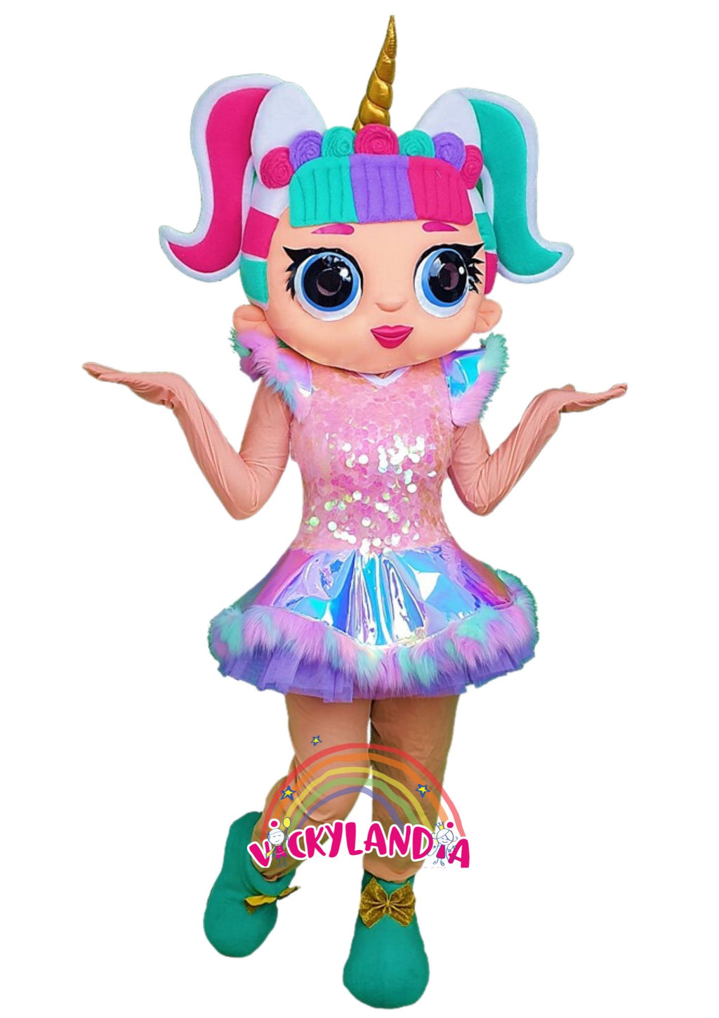 Descubre la magia de nuestro muñeco publicitario de Muñeca Unicornio Glamurosa en Vickylandia. Son disfraces cabezones perfectos para fiestas infantiles, shows, cumpleaños, estrategias publicitarias, espectáculos, cabalgatas y cualquier tipo de evento.
