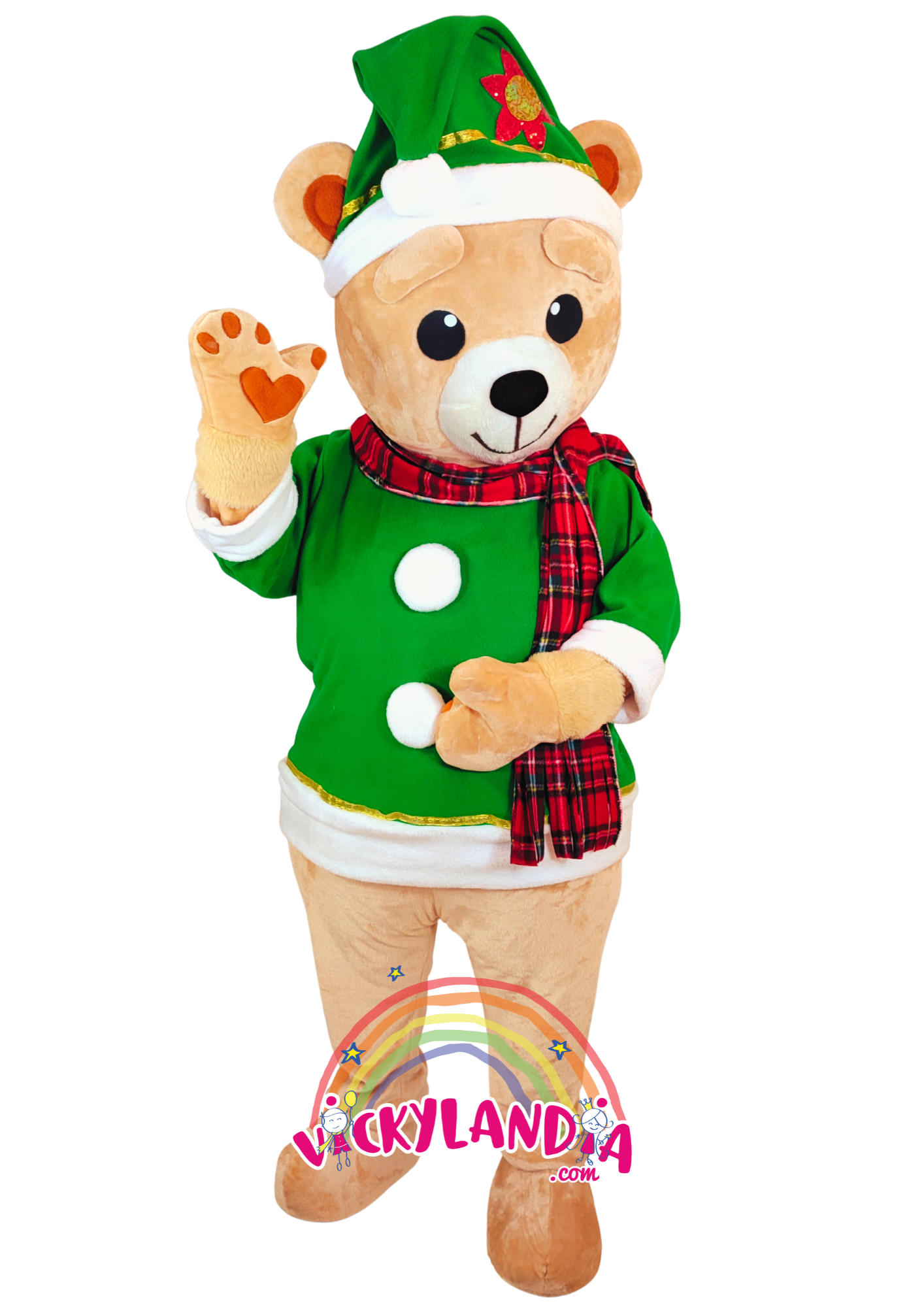 Camiseta verde, gorrito festivo y una sonrisa que derrite corazones. Osito Navideño es ideal para animaciones infantiles, fiestas temáticas y promociones que buscan ternura, color y conexión con el público. Su estilo navideño y actitud juguetona lo convierten en el favorito de grandes y pequeños durante la temporada más mágica del año.