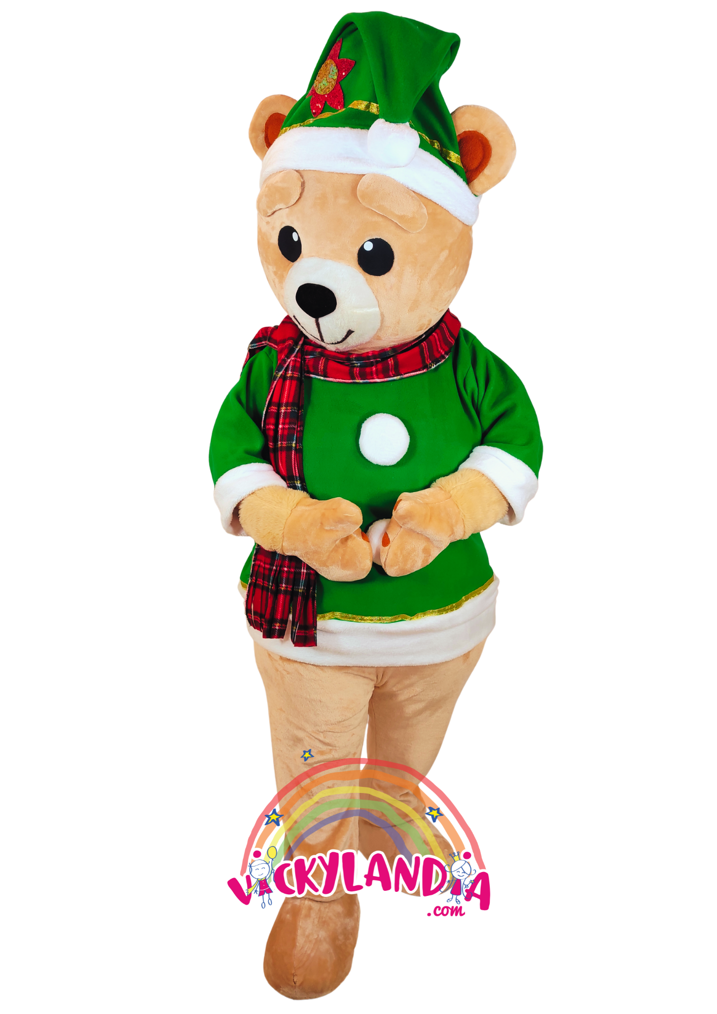 Camiseta verde, gorrito festivo y una sonrisa que derrite corazones. Osito Navideño es ideal para animaciones infantiles, fiestas temáticas y promociones que buscan ternura, color y conexión con el público. Su estilo navideño y actitud juguetona lo convierten en el favorito de grandes y pequeños durante la temporada más mágica del año.