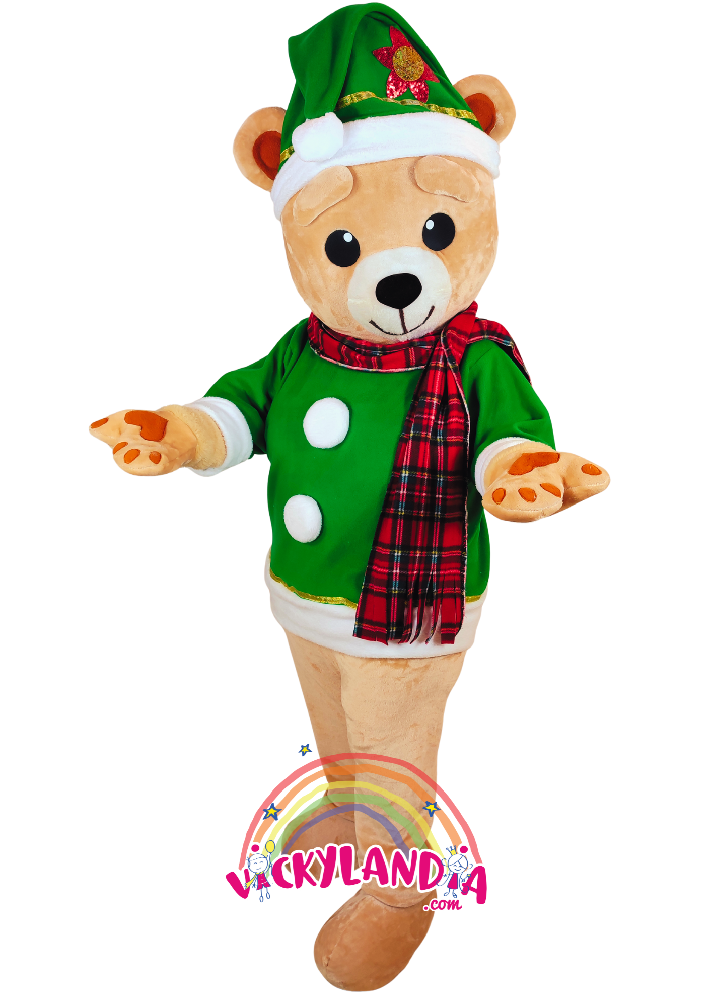 Camiseta verde, gorrito festivo y una sonrisa que derrite corazones. Osito Navideño es ideal para animaciones infantiles, fiestas temáticas y promociones que buscan ternura, color y conexión con el público. Su estilo navideño y actitud juguetona lo convierten en el favorito de grandes y pequeños durante la temporada más mágica del año.
