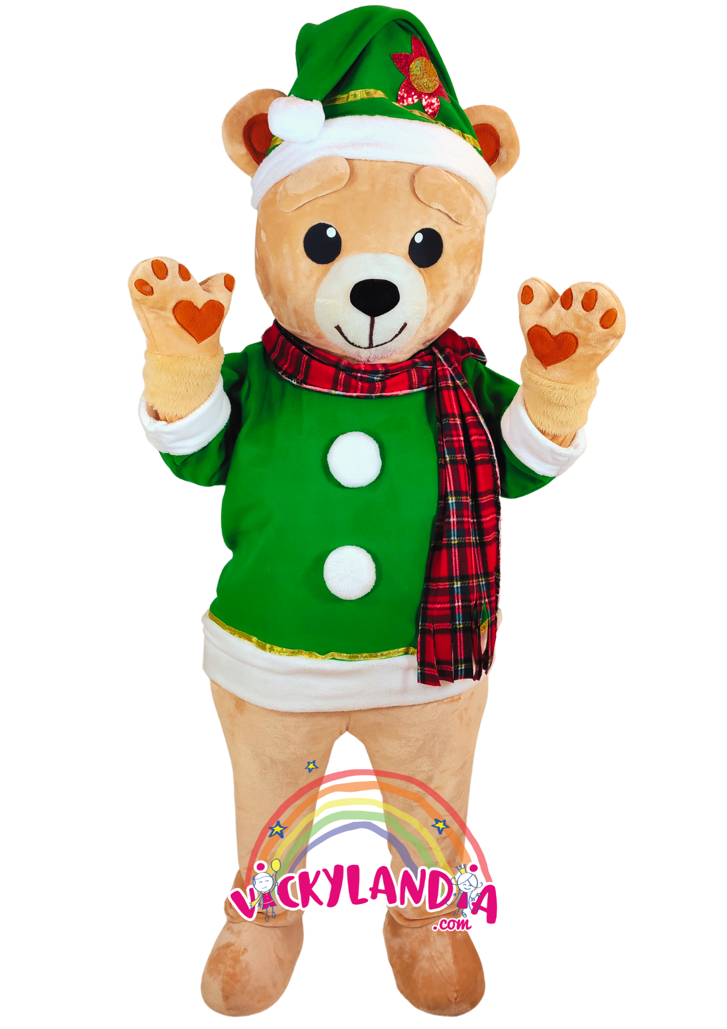 Camiseta verde, gorrito festivo y una sonrisa que derrite corazones. Osito Navideño es ideal para animaciones infantiles, fiestas temáticas y promociones que buscan ternura, color y conexión con el público. Su estilo navideño y actitud juguetona lo convierten en el favorito de grandes y pequeños durante la temporada más mágica del año.