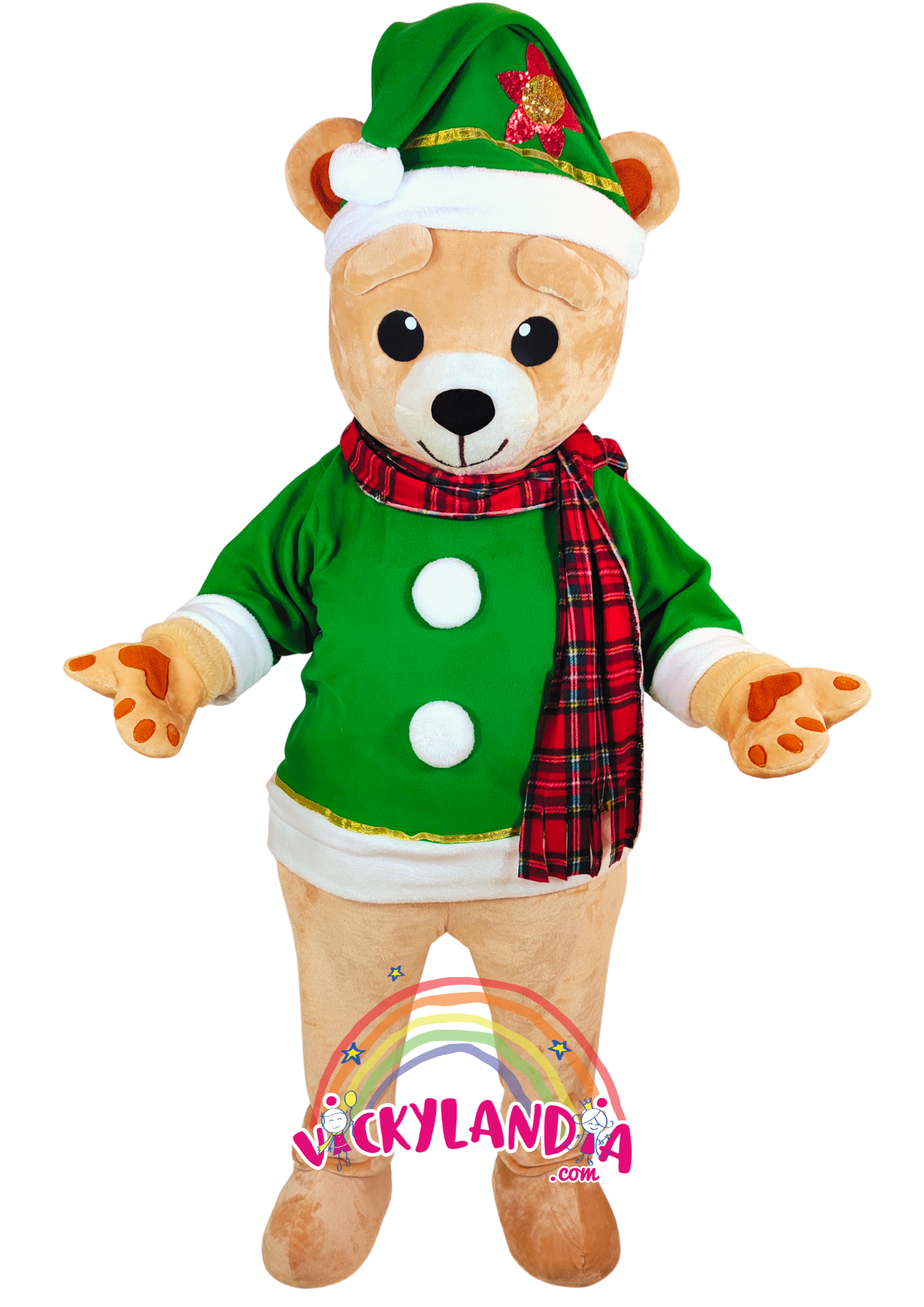 Camiseta verde, gorrito festivo y una sonrisa que derrite corazones. Osito Navideño es ideal para animaciones infantiles, fiestas temáticas y promociones que buscan ternura, color y conexión con el público. Su estilo navideño y actitud juguetona lo convierten en el favorito de grandes y pequeños durante la temporada más mágica del año.