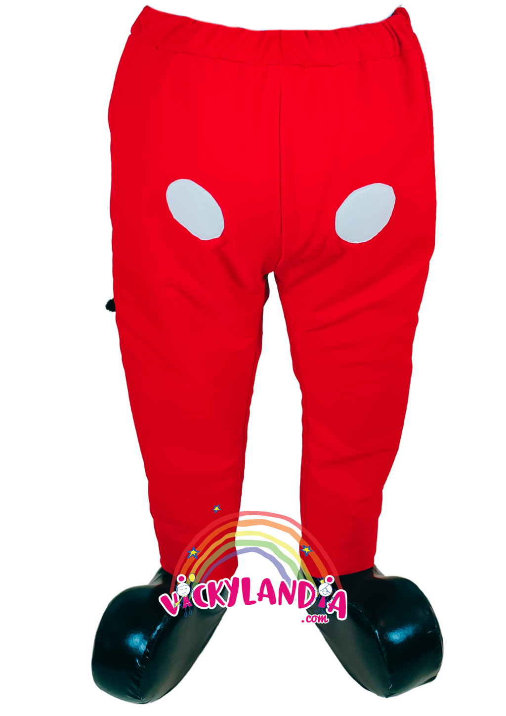 Pantalón rojo inspirado en el Ratón Mago, con forro de mesh transpirable y cola negra larga. Cómodo, ligero y perfecto para disfraces y animaciones