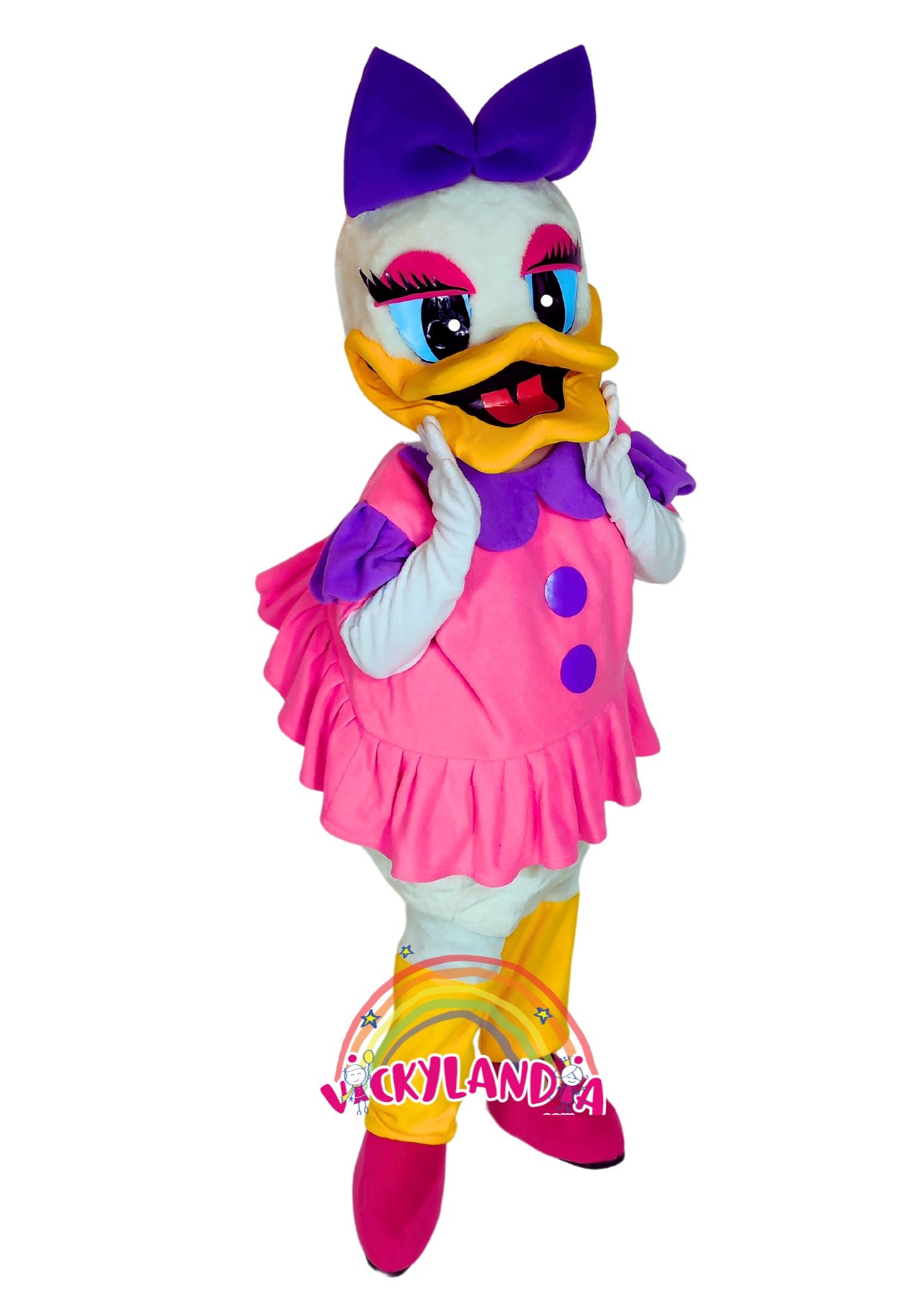 Descubre la magia de nuestro muñeco publicitario de Pata Presumida Fuscia en Vickylandia. Son disfraces cabezones perfectos para fiestas infantiles, shows, cumpleaños, estrategias publicitarias, espectáculos, cabalgatas y cualquier tipo de evento.