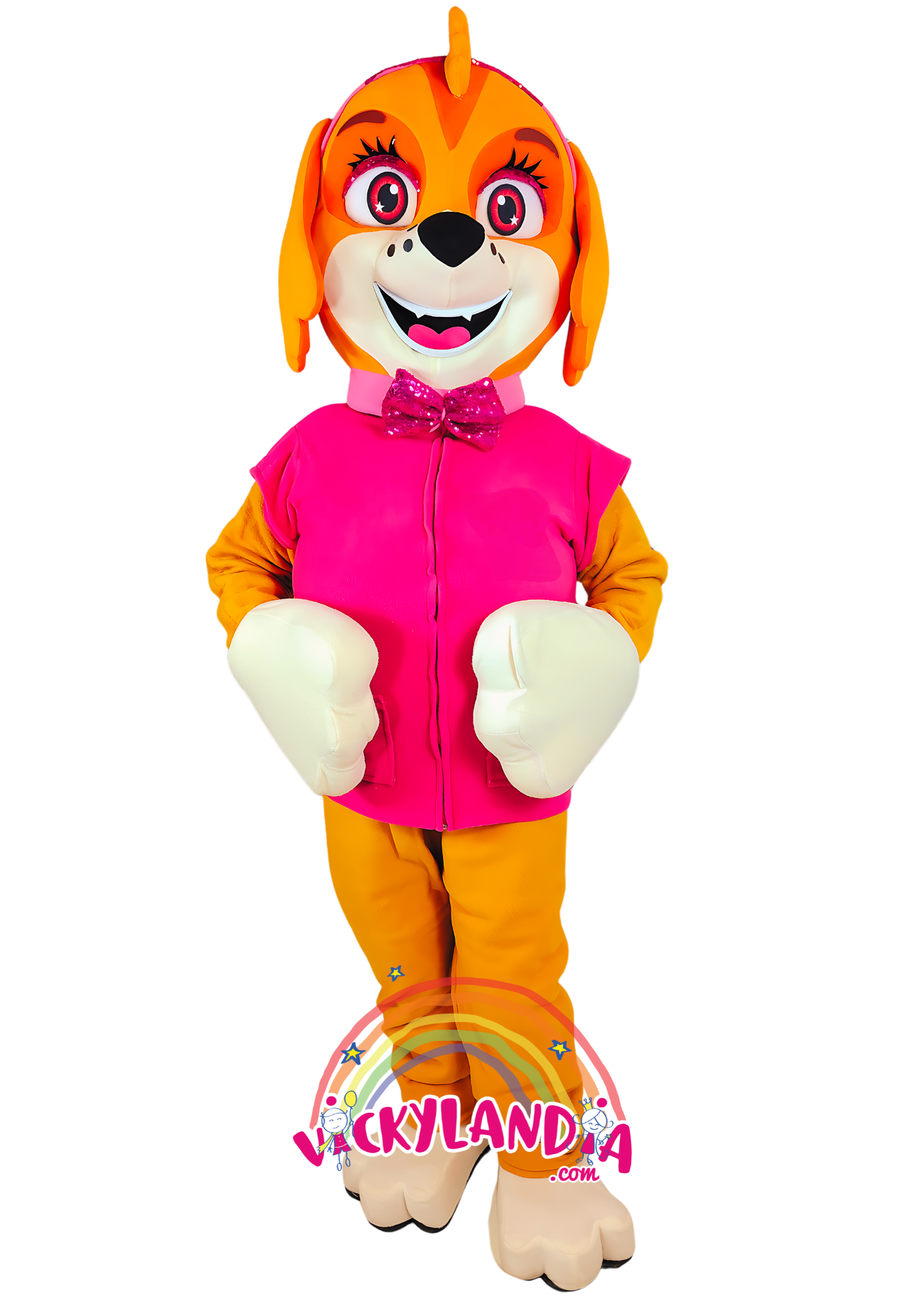 Personaje de Peludeta Brilli Rosa, ideal como muñeco cabezudo y mascota publicitaria. Diseño adorable y llamativo para eventos infantiles.