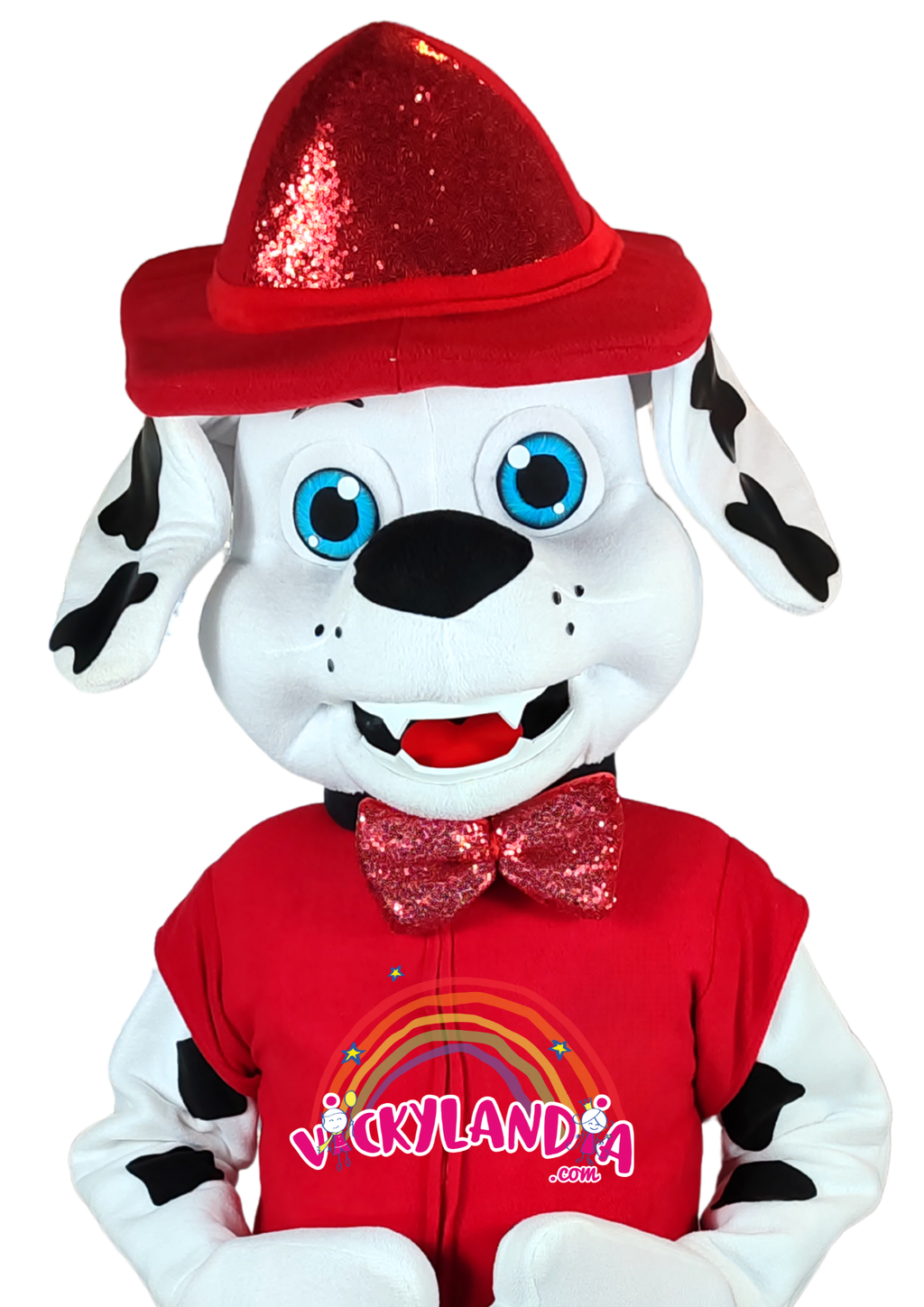 Personaje rojo con acabado brillante, ideal como muñeco cabezudo y mascota publicitaria. Diseño llamativo para eventos infantiles y promociones.