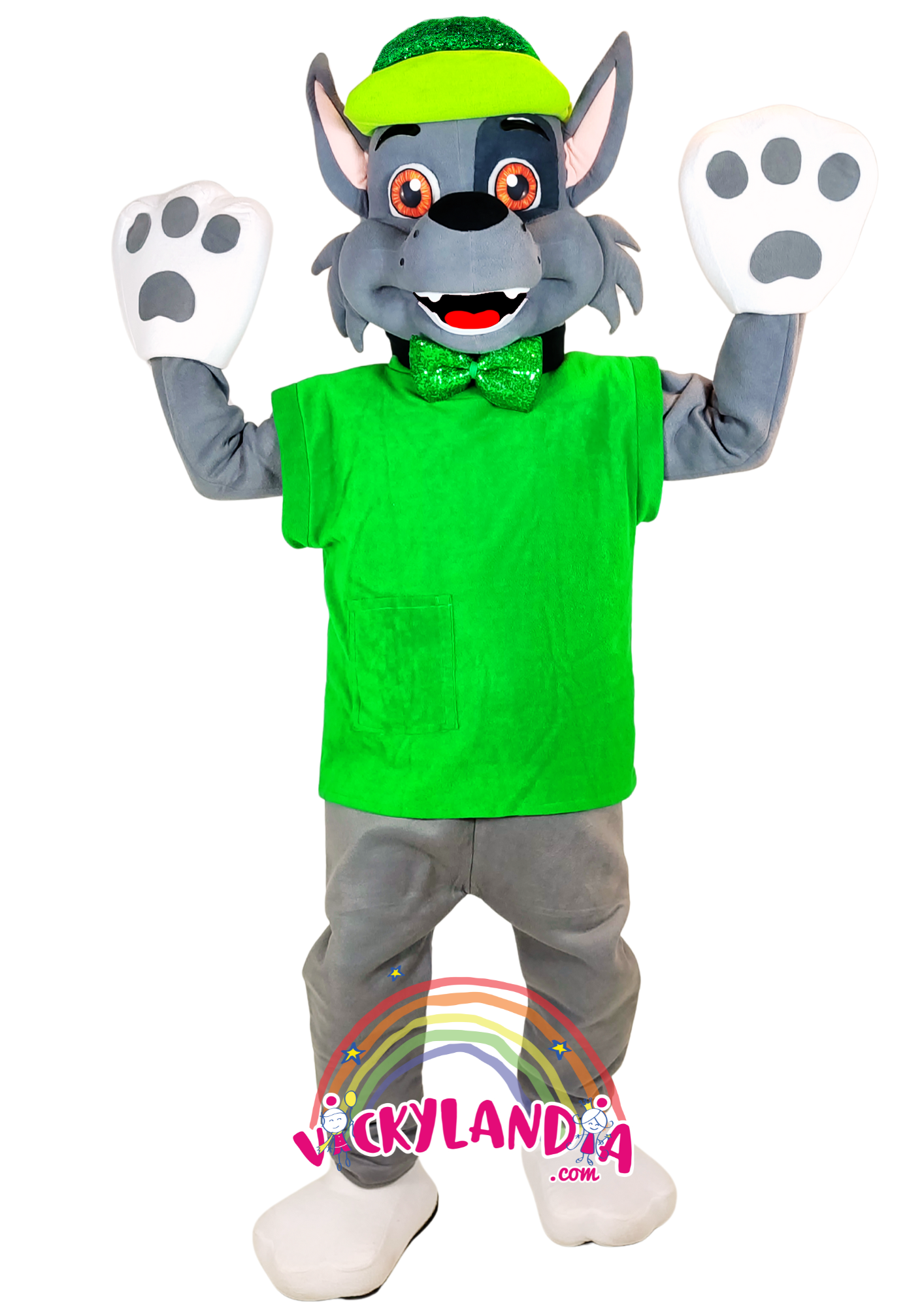 Orejitas tiernas, chaleco verde y mirada encantadora. Peludete Brilli Verde es perfecto para animaciones infantiles, eventos temáticos y promociones que buscan alegría, conciencia ecológica y presencia visual.