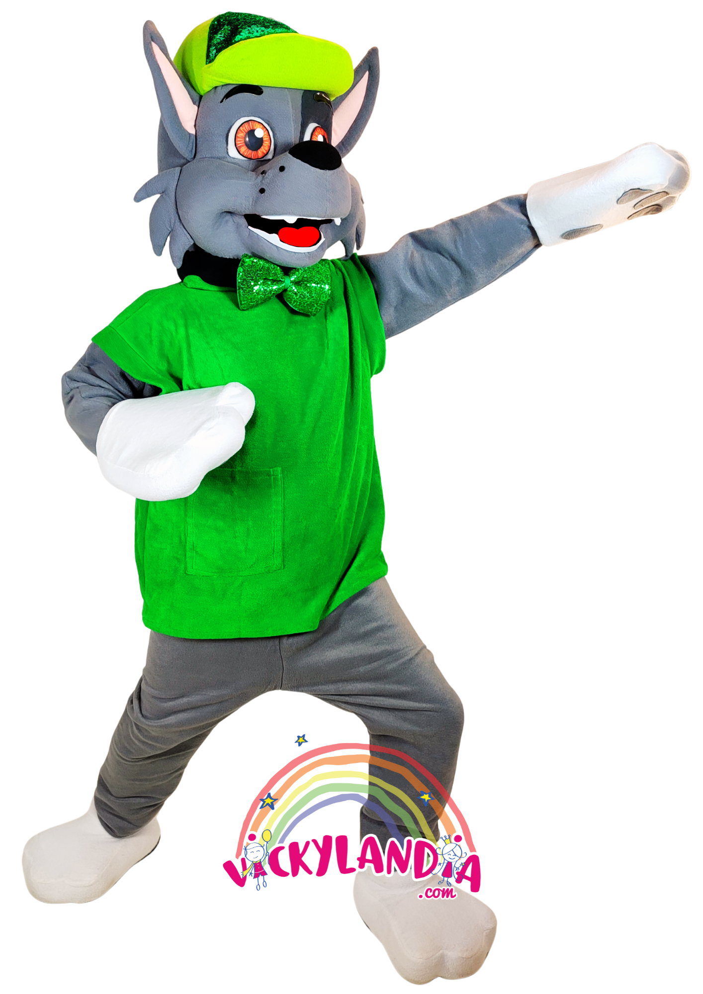 Orejitas tiernas, chaleco verde y mirada encantadora. Peludete Brilli Verde es perfecto para animaciones infantiles, eventos temáticos y promociones que buscan alegría, conciencia ecológica y presencia visual.