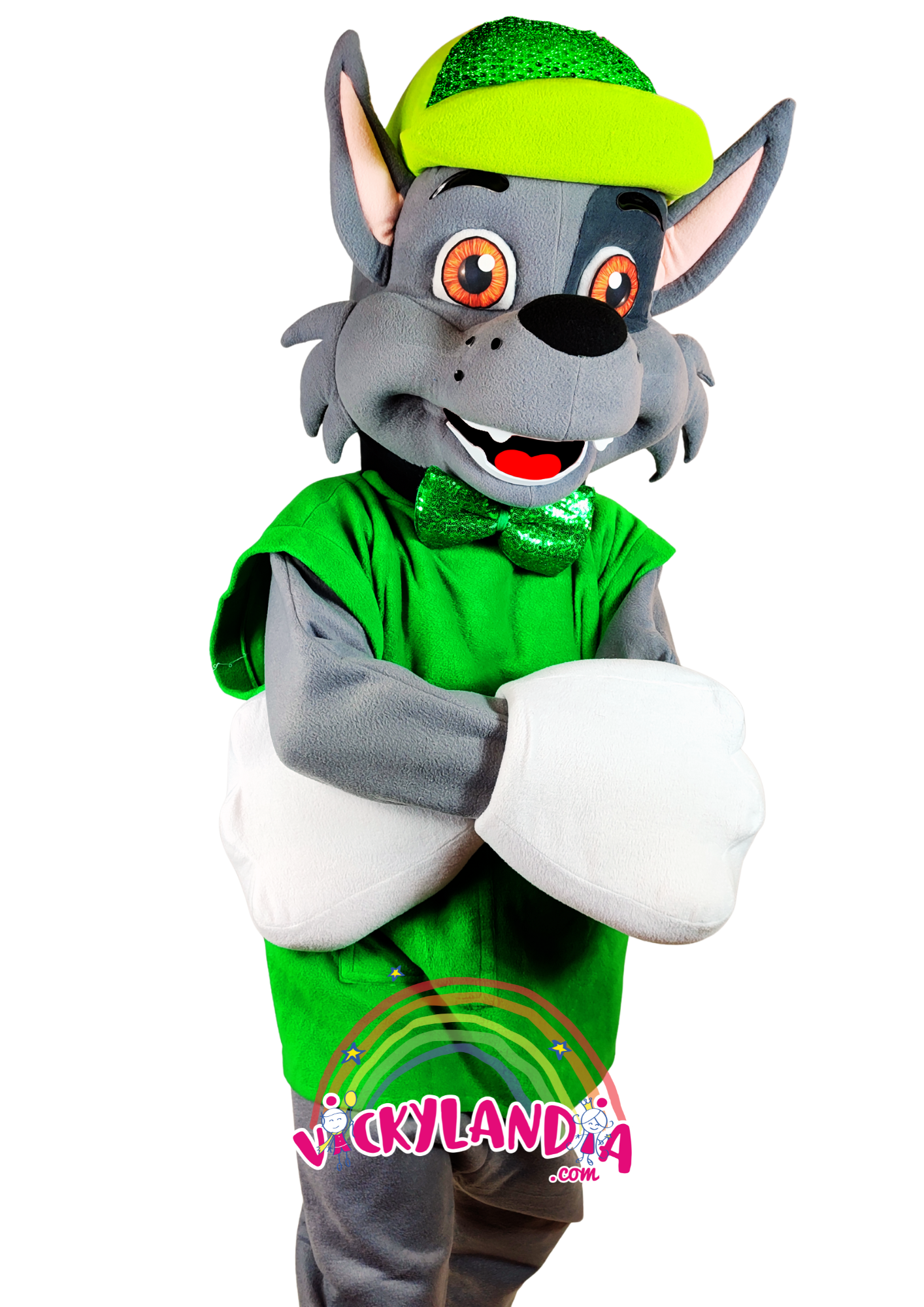 Orejitas tiernas, chaleco verde y mirada encantadora. Peludete Brilli Verde es perfecto para animaciones infantiles, eventos temáticos y promociones que buscan alegría, conciencia ecológica y presencia visual.