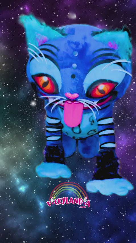 Mascota MichiZul de Vickylandia. Disfraz profesional azul con cabeza grande, expresión tierna y estilo pop, ideal para animaciones, fiestas infantiles, eventos y promociones.