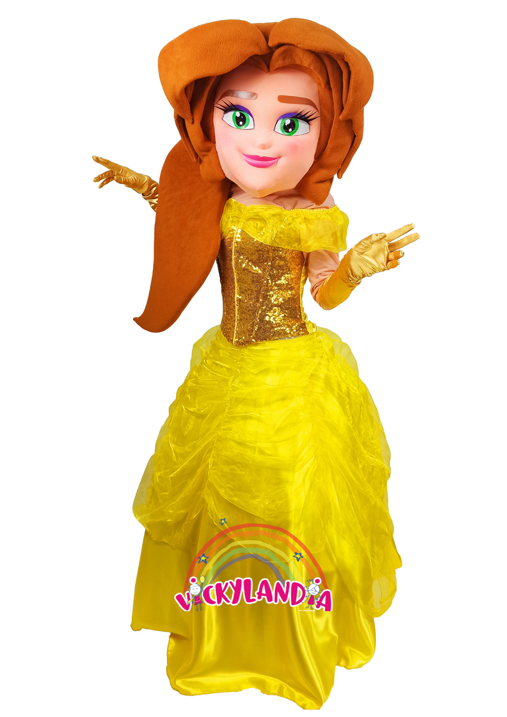 Descubre la magia de nuestro muñeco publicitario de Princesa Dorada en Vickylandia. Son disfraces cabezones perfectos para fiestas infantiles, shows, cumpleaños, estrategias publicitarias, carnavales, fiestas patronales, espectáculos, cabalgatas y cualquier tipo de evento.