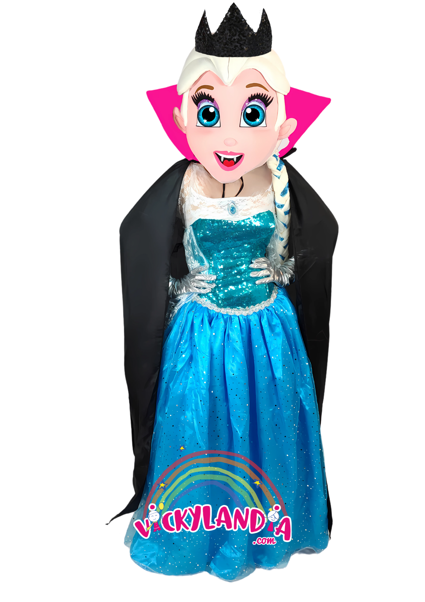 Con capa negra, corona oscura y mirada helada, la Princesa Vampira del Hielo es ideal para animaciones infantiles, eventos temáticos y promociones que buscan elegancia, fantasía y un toque misterioso.