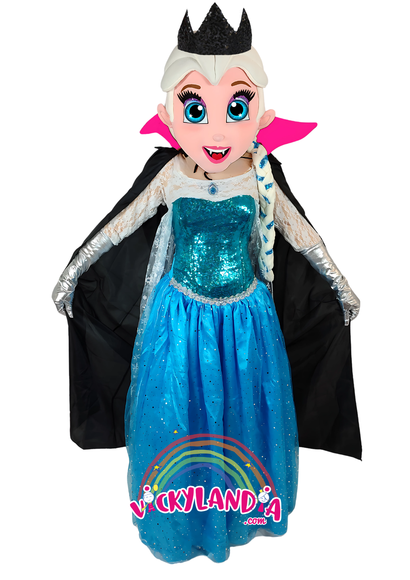 Con capa negra, corona oscura y mirada helada, la Princesa Vampira del Hielo es ideal para animaciones infantiles, eventos temáticos y promociones que buscan elegancia, fantasía y un toque misterioso.