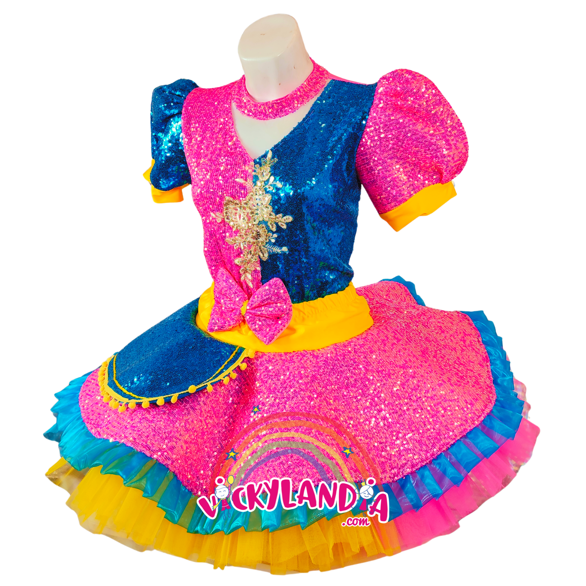 Vestido de lentejuelas rosa y azul para animadoras, disfraces cabezones y espectáculos infantiles Diseñado para brillar en el escenario y captar todas las miradas, su estilo vibrante bicolor lo convierte en la elección ideal para shows temáticos, pasacalles y personajes dinámicos. Perfecto para animadores que buscan impacto visual y personalidad escénica.