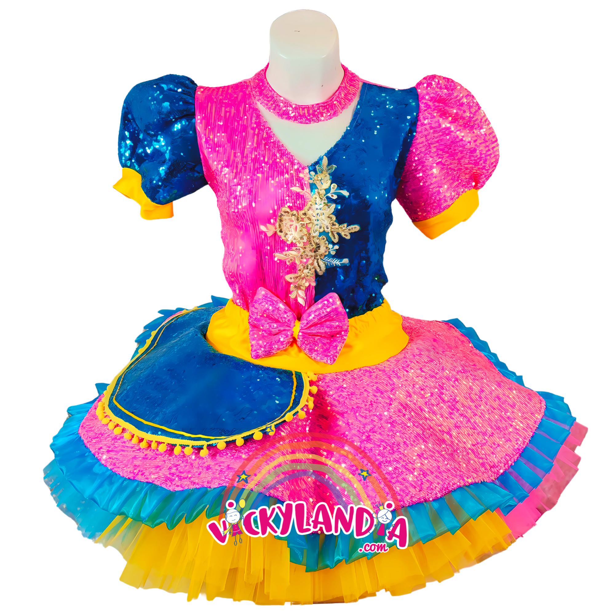 Vestido de lentejuelas rosa y azul para animadoras, disfraces cabezones y espectáculos infantiles Diseñado para brillar en el escenario y captar todas las miradas, su estilo vibrante bicolor lo convierte en la elección ideal para shows temáticos, pasacalles y personajes dinámicos. Perfecto para animadores que buscan impacto visual y personalidad escénica.