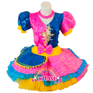 Vestido de lentejuelas rosa y azul para animadoras, disfraces cabezones y espectáculos infantiles Diseñado para brillar en el escenario y captar todas las miradas, su estilo vibrante bicolor lo convierte en la elección ideal para shows temáticos, pasacalles y personajes dinámicos. Perfecto para animadores que buscan impacto visual y personalidad escénica.