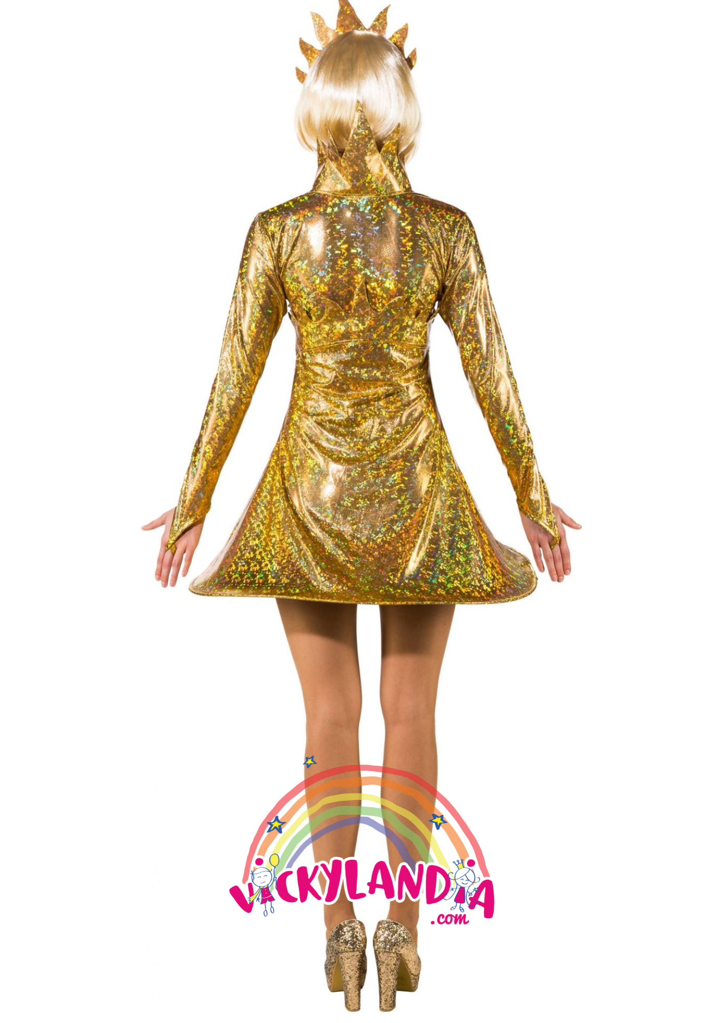 Vestido dorado brillante de temática solar, con mangas largas, falda acampanada y corona de rayos, ideal para disfraces y eventos temáticos.