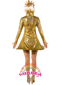 Vestido dorado brillante de temática solar, con mangas largas, falda acampanada y corona de rayos, ideal para disfraces y eventos temáticos.