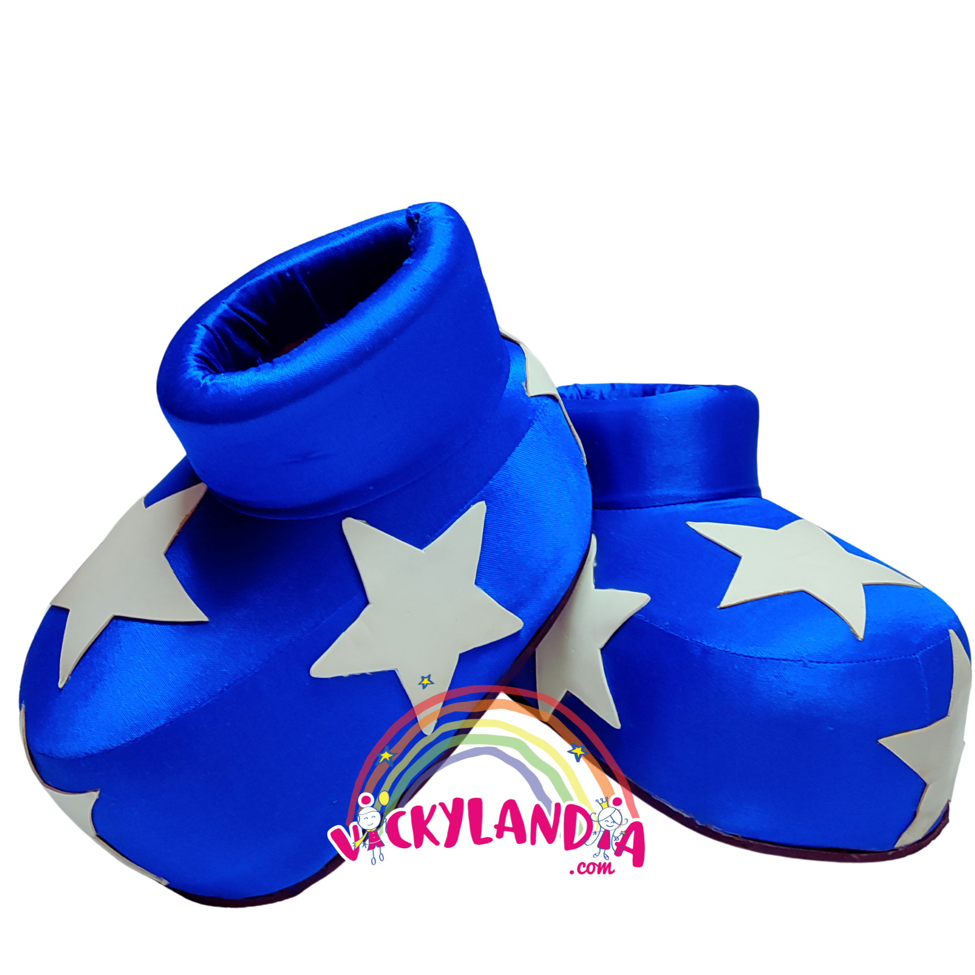 Zapatos azules con estrellas blancas, acolchados, perfectos para disfraces cabezones estilo circo o personajes animados