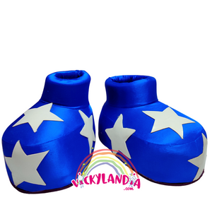 Zapatos azules con estrellas blancas, acolchados, perfectos para disfraces cabezones estilo circo o personajes animados