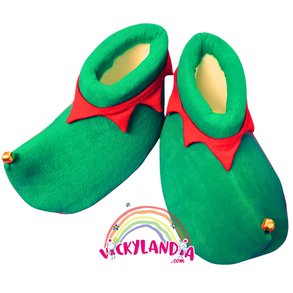 Zapatos verdes acolchados estilo elfo navideño con cascabel en la punta, perfectos para disfraces cabezones y personajes festivos