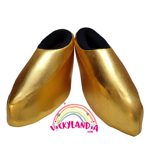 Zapatos dorados metalizados acolchados con suela antirresbalante. Perfectos para cosplay, disfraces mágicos y personajes cabezones