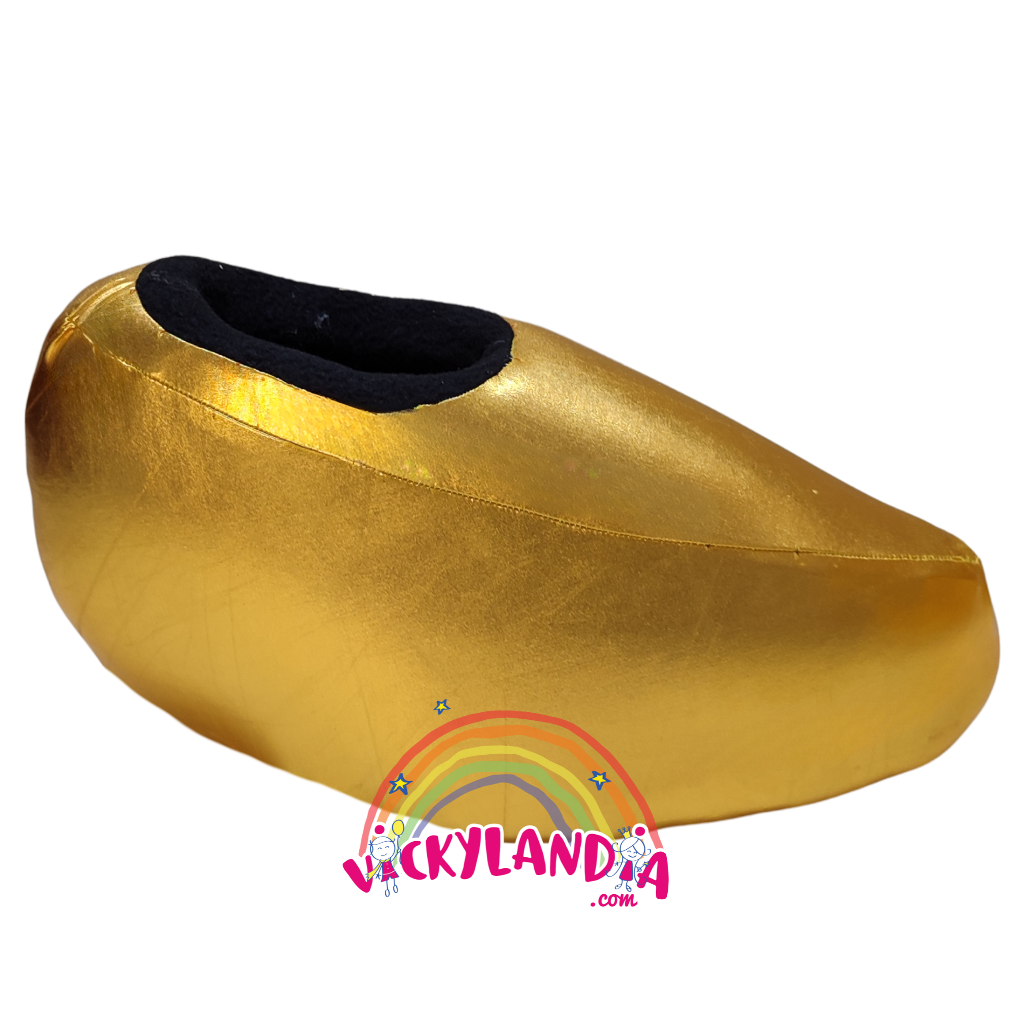 Zapatos dorados metalizados acolchados con suela antirresbalante. Perfectos para cosplay, disfraces mágicos y personajes cabezones