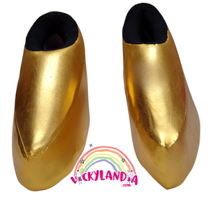 Zapatos dorados metalizados acolchados con suela antirresbalante. Perfectos para cosplay, disfraces mágicos y personajes cabezones