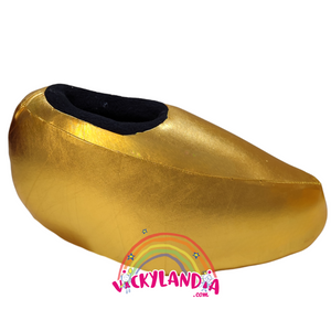 Zapatos dorados metalizados acolchados con suela antirresbalante. Perfectos para cosplay, disfraces mágicos y personajes cabezones