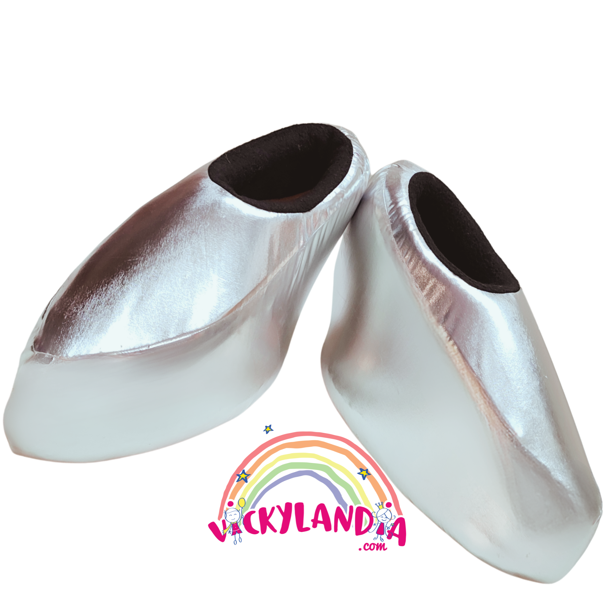 Zapatos plateados acolchados con diseño brillante, perfectos para disfraces cabezones tipo princesa o personaje mágico