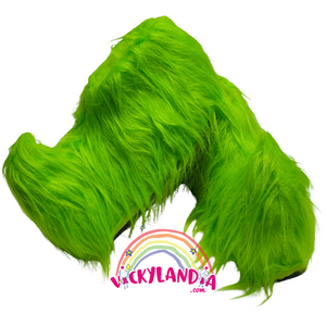 Zapatos peludos verdes acolchados tipo Grinch, perfectos para disfraces navideños y personajes cabezones